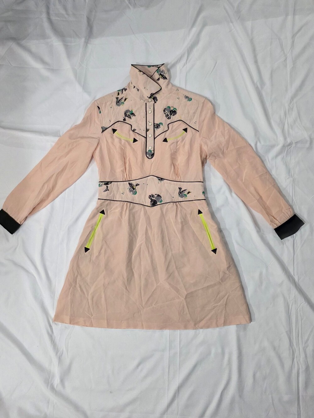 Coach 1941 Western Print Silk Dress Long Sleeves Pockets Neon Accents